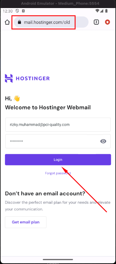Halaman login Hostinger Webmail di mobile